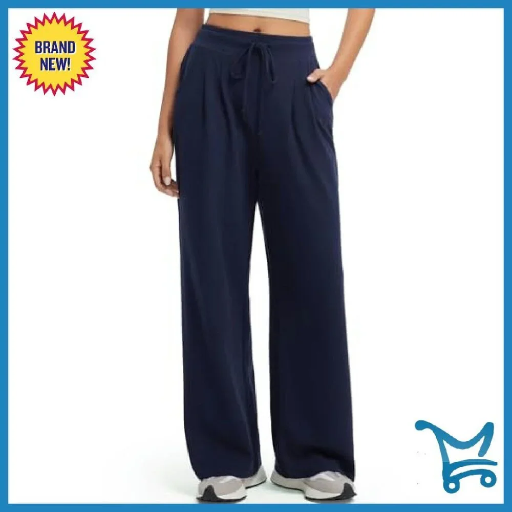 Wide Leg Work Pants High Waisted Drawstring Waffle Knit Trousers